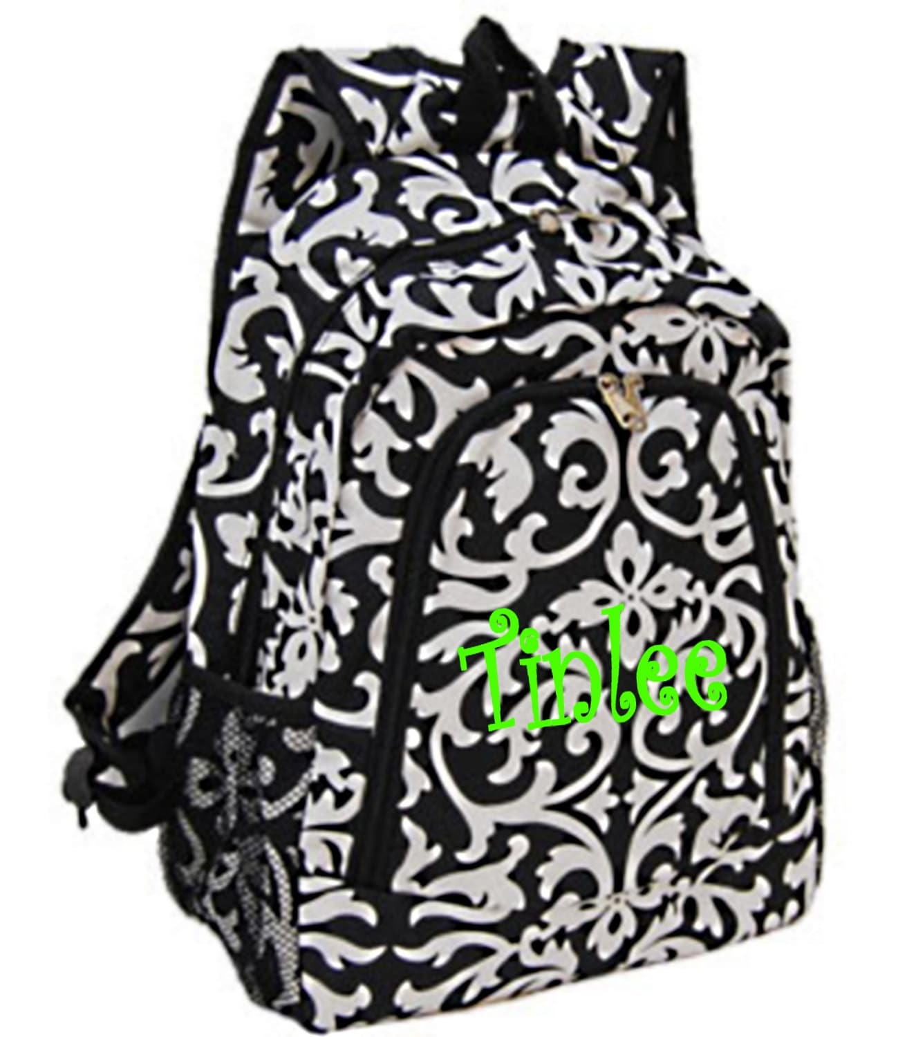 Personalized Backpack girls damask canvas black and white