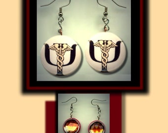 PSYCHIATRY PSYCHIATRIST CADUCEUS Altered Art Dangle Earrings with Rhinestone