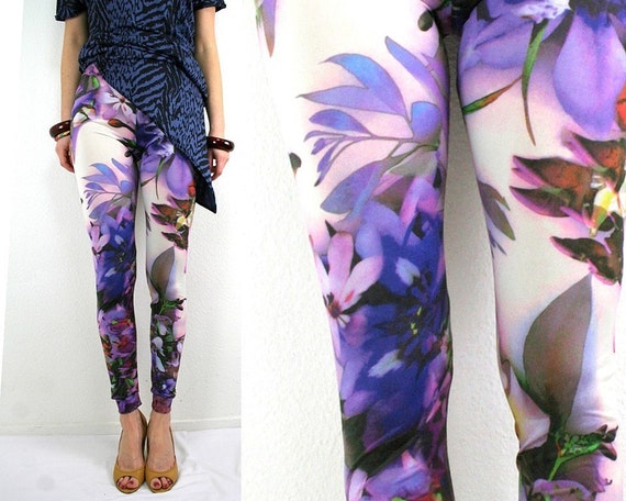 Purple Flower Leggings Multicolor Print Purple Pink White