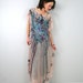 Chiffon maxi dress with unique flower/peacock multicolor print on pale pink - by Bartinki