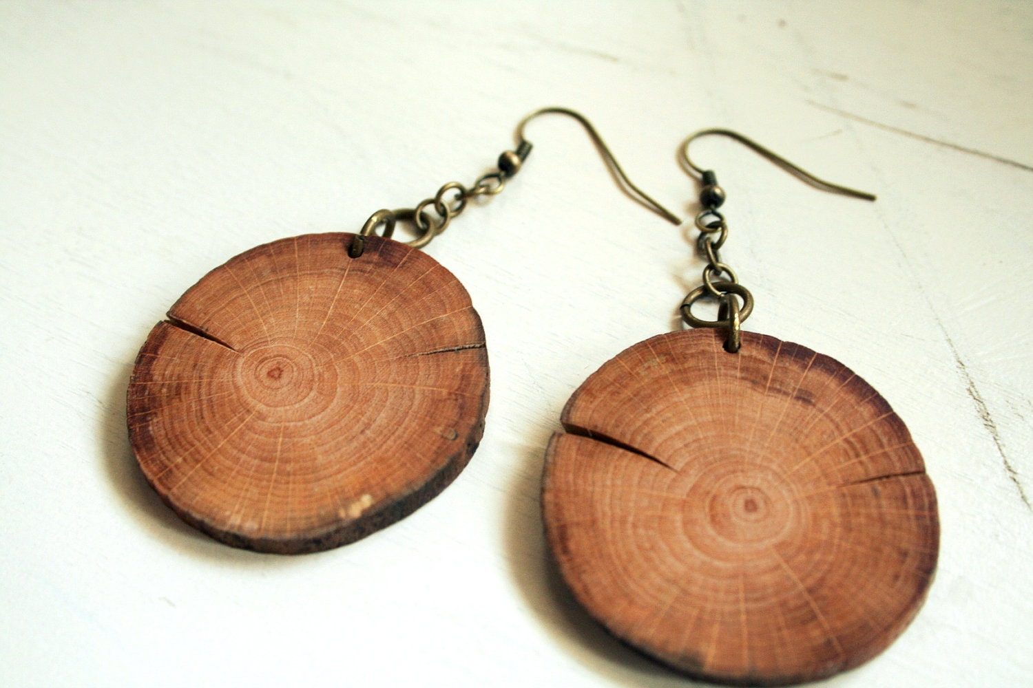 Wooden earrings birch wood and antique brass OOAK large