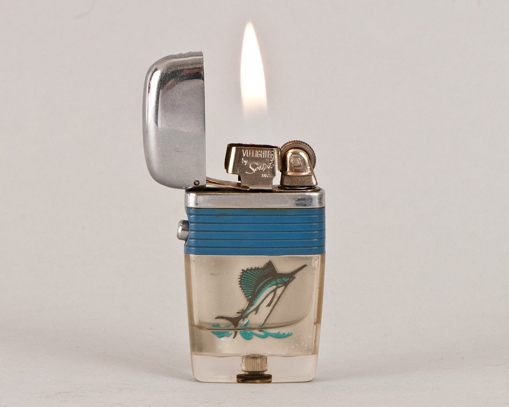 1960s Blue and Chrome Scripto Vu Lighter With Marlin