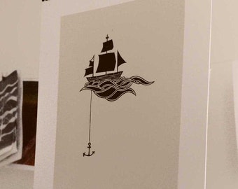 Anchored Ship Linocut Block Print