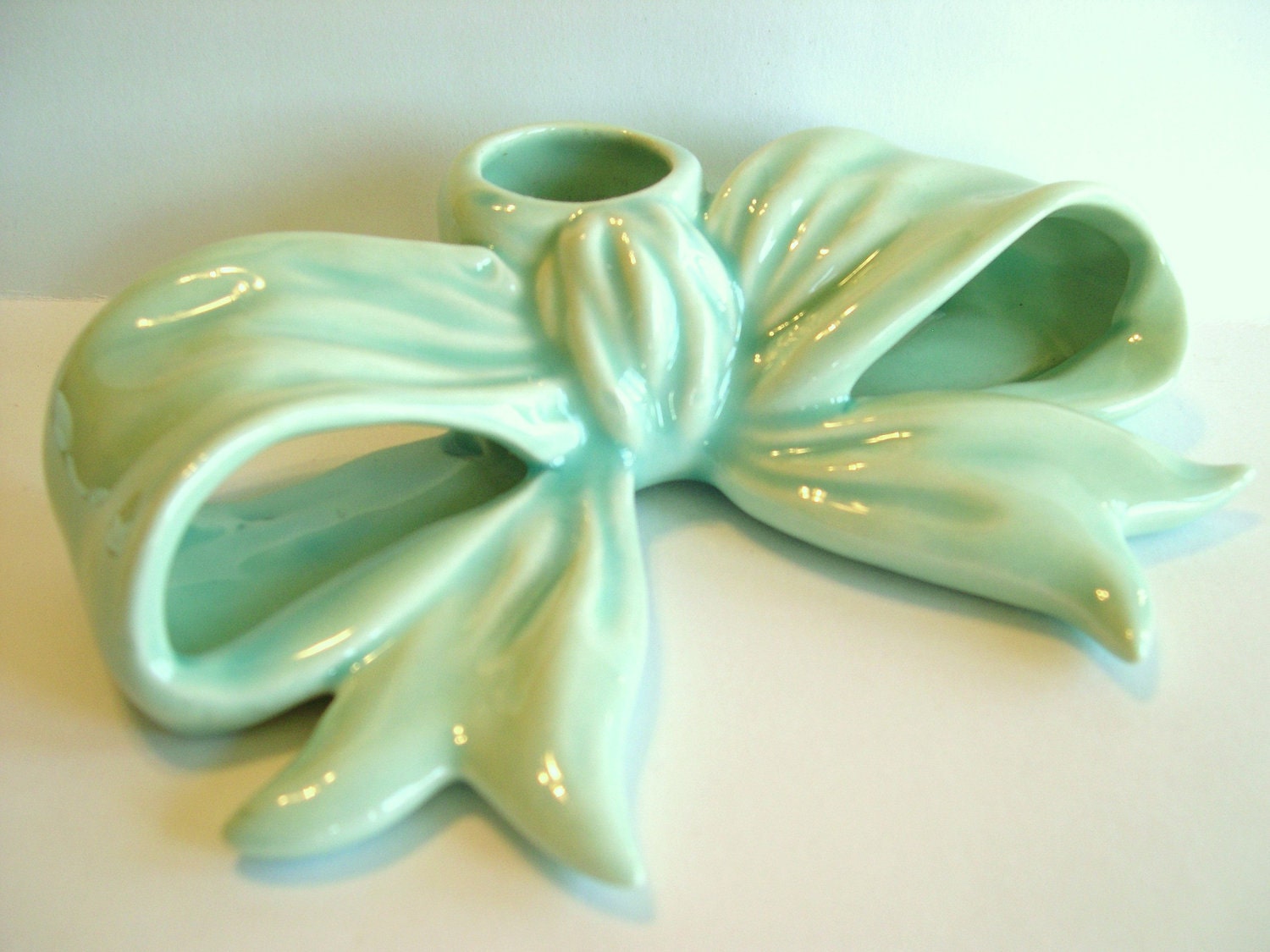 Vintage Pottery Bow Candle Holder Pastel Blue Green
