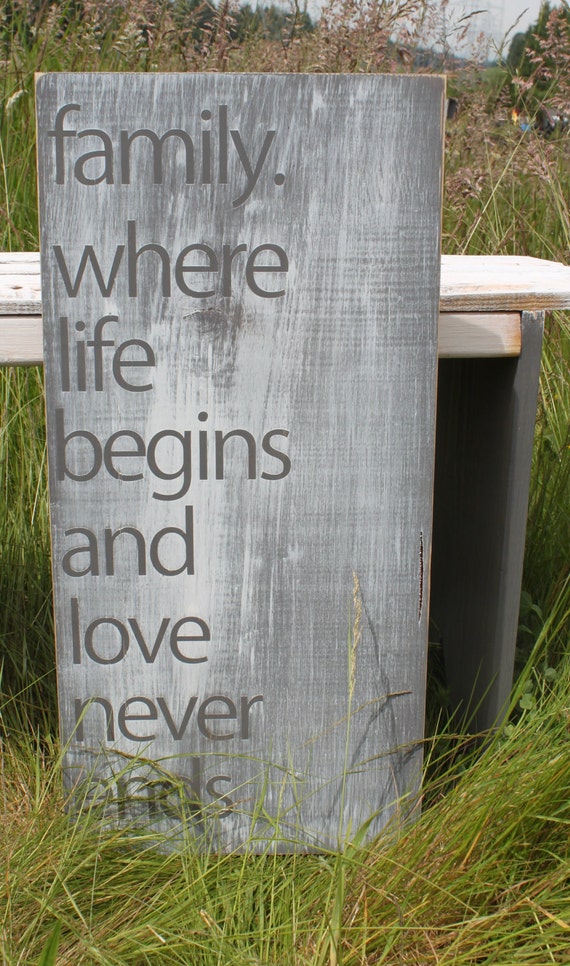 Distressed Aged Pine Wood Wall Art FAMILY. Where Life Begins and Love Never Ends
