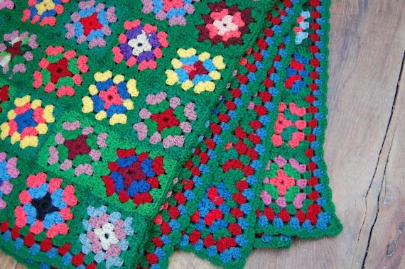 Heavy Cotton Granny Square Vintage Throw in Greens by sugarSCOUT