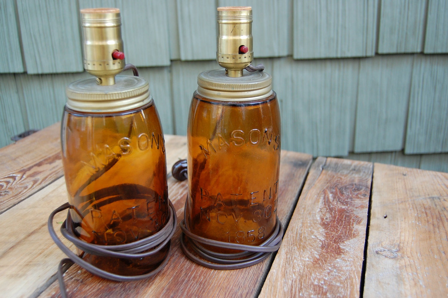 Primitive Brown Amber Mason Jar Lamp Set Mason's
