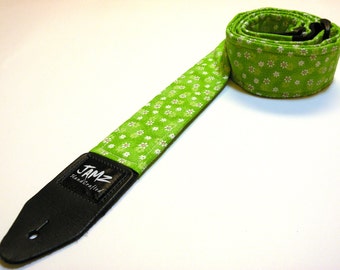 Handmade Girls Guitar Strap - DAISY PATCH - Green with white Daisies