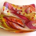 Kawaii magenta fused glass dish, pink, yellow, coral, gold hand painted flowers, dichroic glass accents