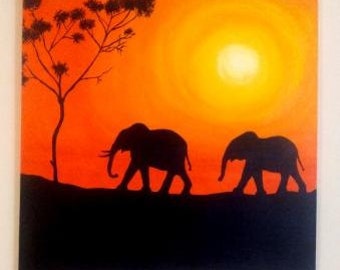 Original Acrylic Painting, Silhouette of Elephants Art. 'Journey of the ...