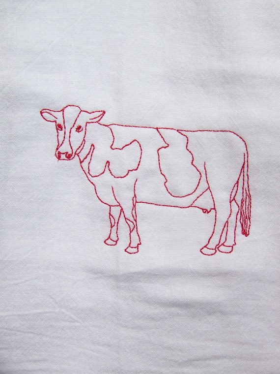 Flour sack cotton towel with a Redwork cow