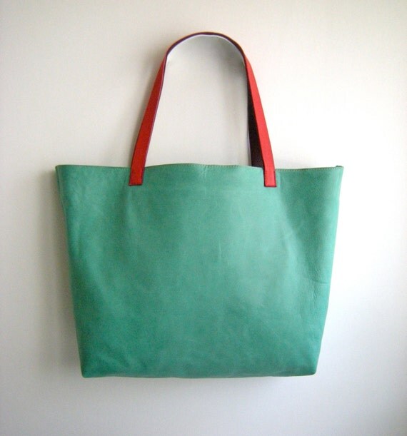 Leather Tote Bag LOU Market Tote in Sea Foam Green Leather