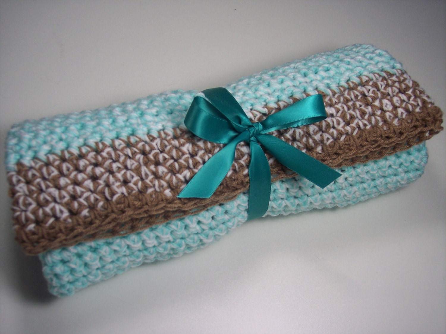 Crocheted Baby Blanket Throw Turquoise Brown and White