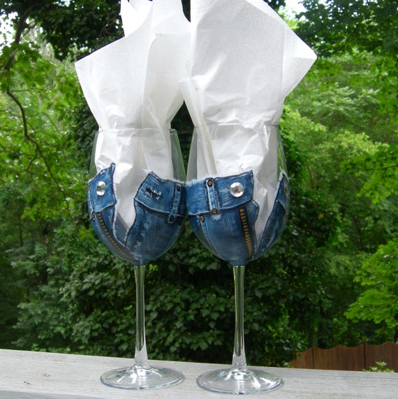Diamonds and Denim hand painted wine glasses