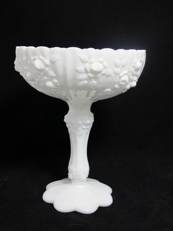 Vintage Fenton Rose Pattern Milk Glass Compote for Wedding