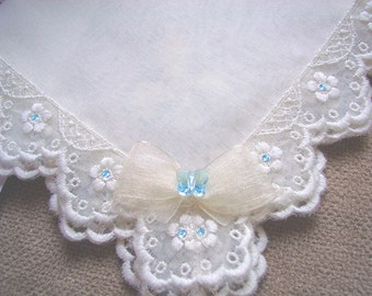 Something Blue Bride Wedding Hanky - Butterfly Princess - Ivory Silk Hanky with Embroidery Lace, Blue Swarovski Crystals&Swarovski Butterfly