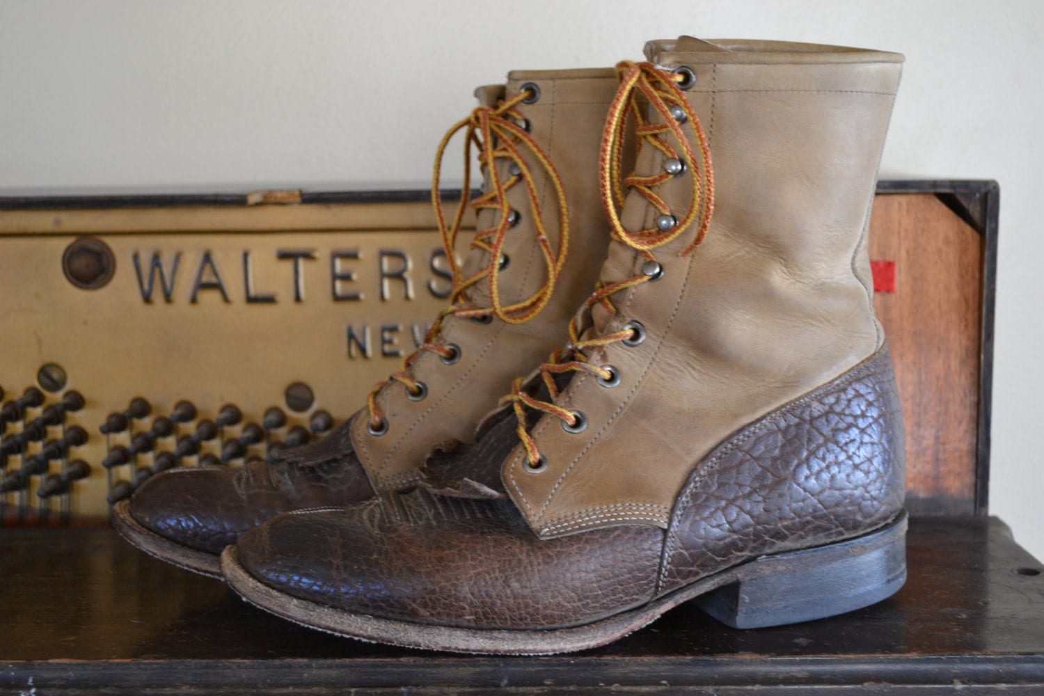 Vintage Two Toned Leather Roper Lace Up Ankle Boots by Justin