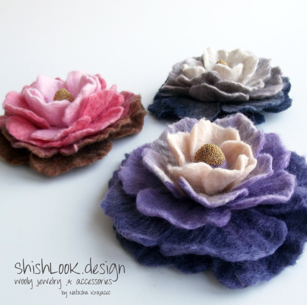 Hand Felted Flower Brooch Wool Jewelry Purple