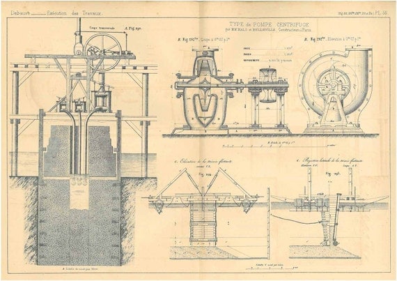 1872 Centrifugal Pump Technical Drawing by CarambasVintage on Etsy