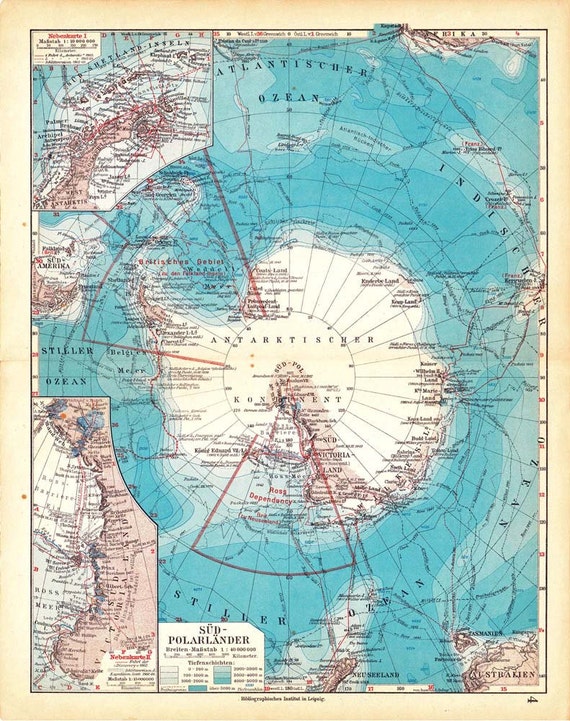 1929 Antarctica Vintage Map South Pole Expeditions