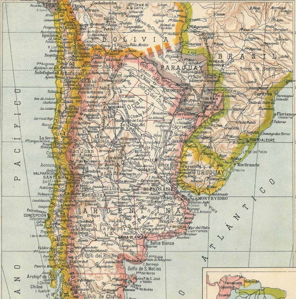 1942 Physical Map of Argentina Chile Uruguay and Paraguay