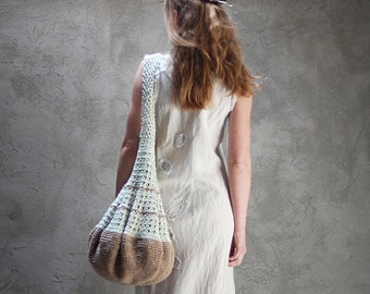 Crochet hobo tote eco-friendly bag beige and green