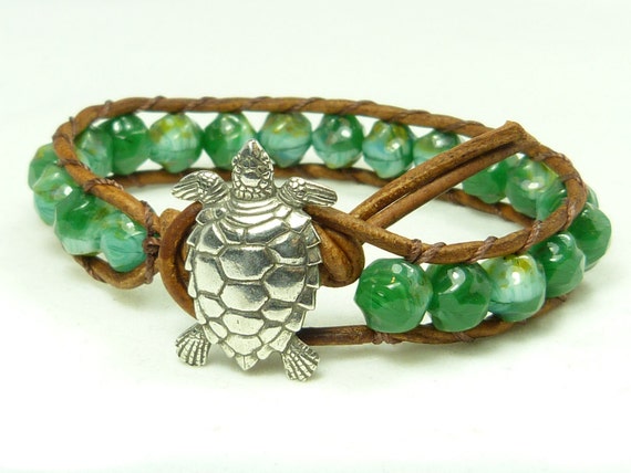 Leather and bead wrap bracelet sea turtle green nugget