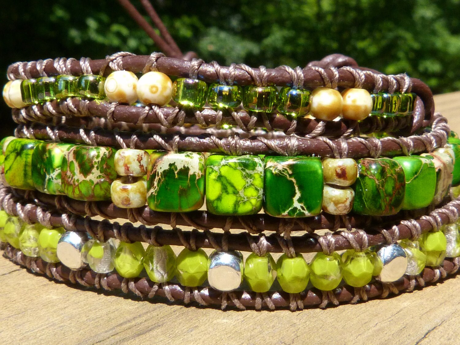 Leather wrap bracelet beautiful green 3 wrap Chan luu