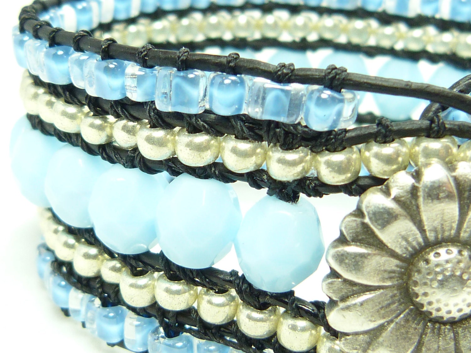 Beaded cuff bracelet blue and silver wrap style cuff on