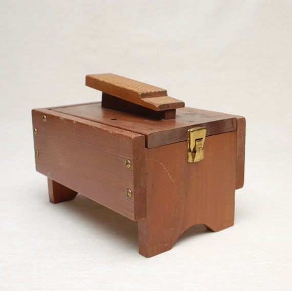 vintage wooden shoe shine box with brush & rags