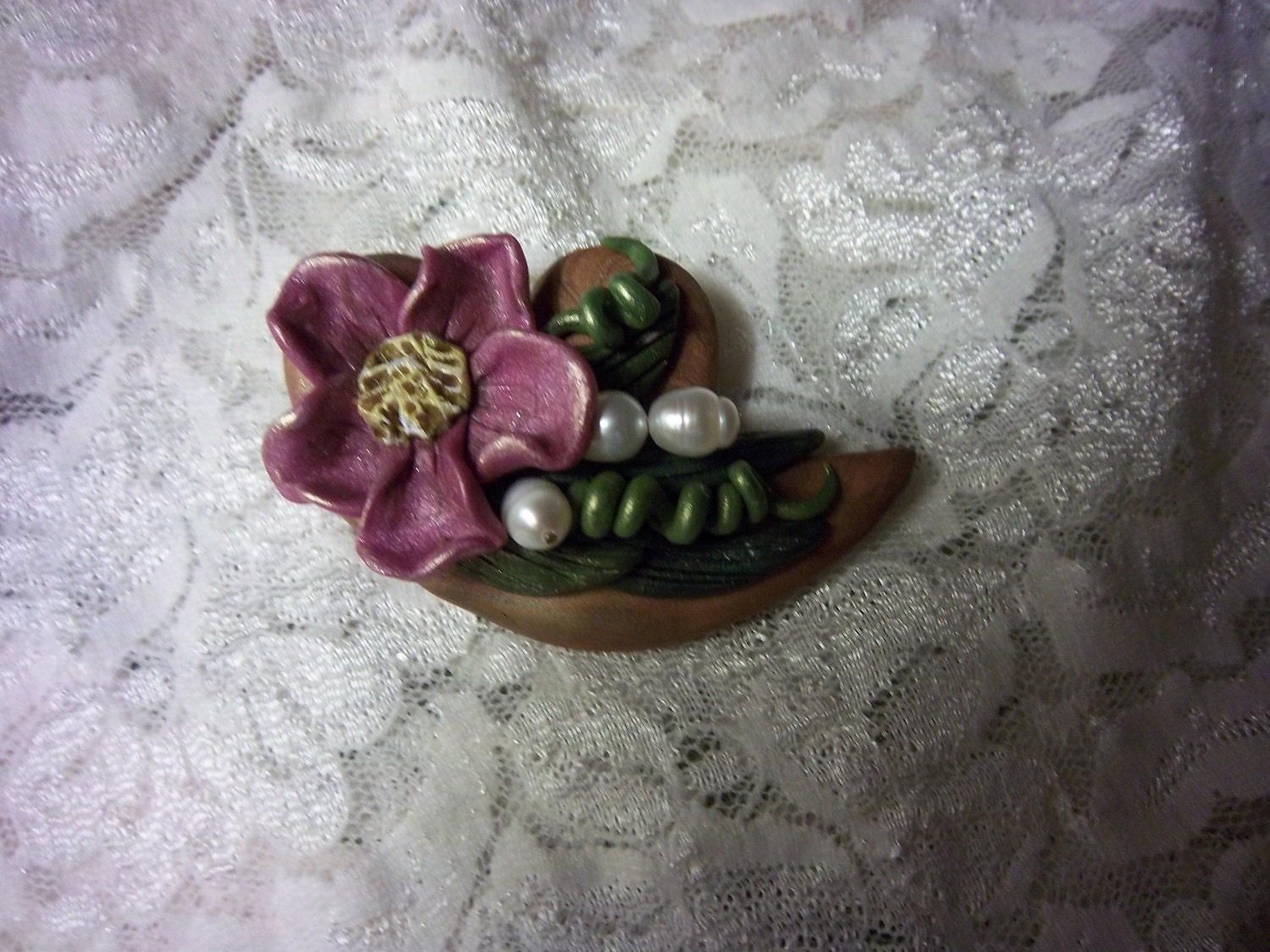 Pink Flower Brooch Heart Brooch Polymer Clay by Barbarasartistry