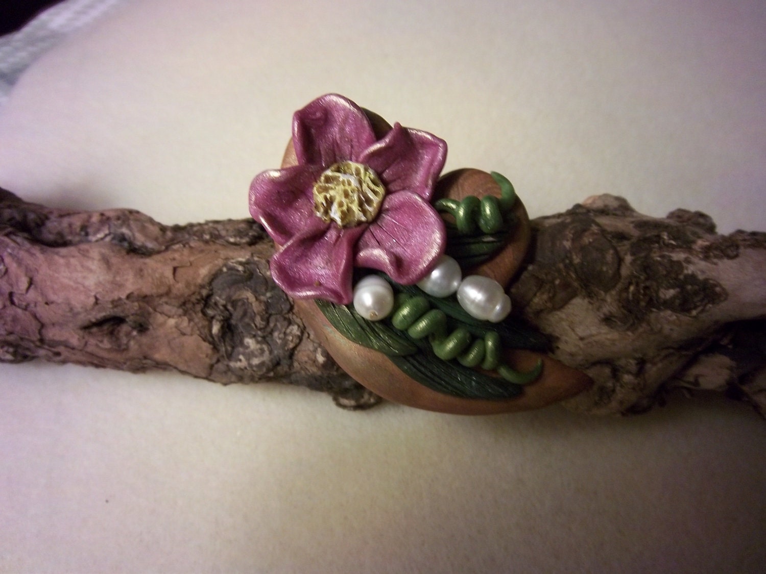 Pink Flower Brooch Heart Brooch Polymer Clay by Barbarasartistry