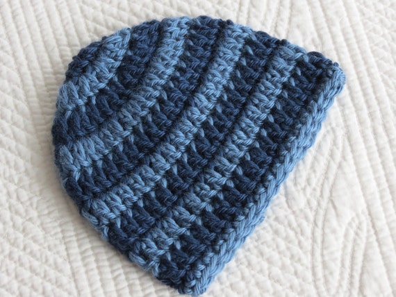 Crochet Baby Beanie in Blues, Crochet Baby Hat, Newborn Hat, Winter Hat, Photo Prop, Baby Boy Hat, Little Boy Hat