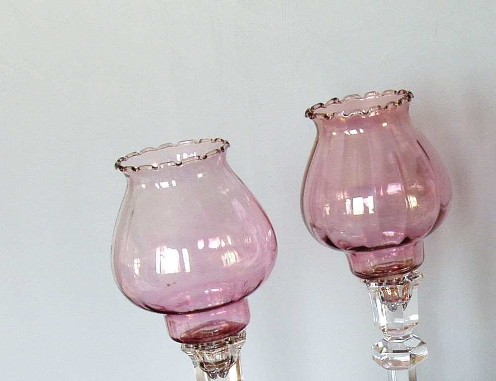 Vintage Victorian Glass Peg Light Votive Holders Mauve Set
