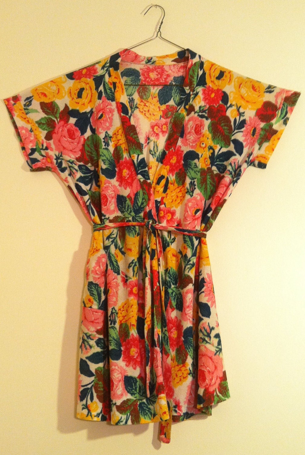 Bright Floral Terry Cloth Robe 1970's Beach Cover-up S/M