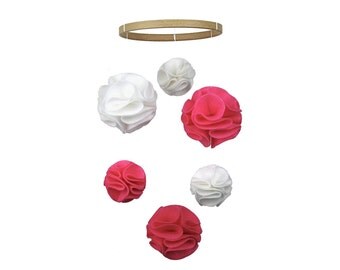 Modern Nursery Mobile - Pom Pom Mobile - Pink and White - Baby Crib Mobile - Bright Pink - Modern Nursery