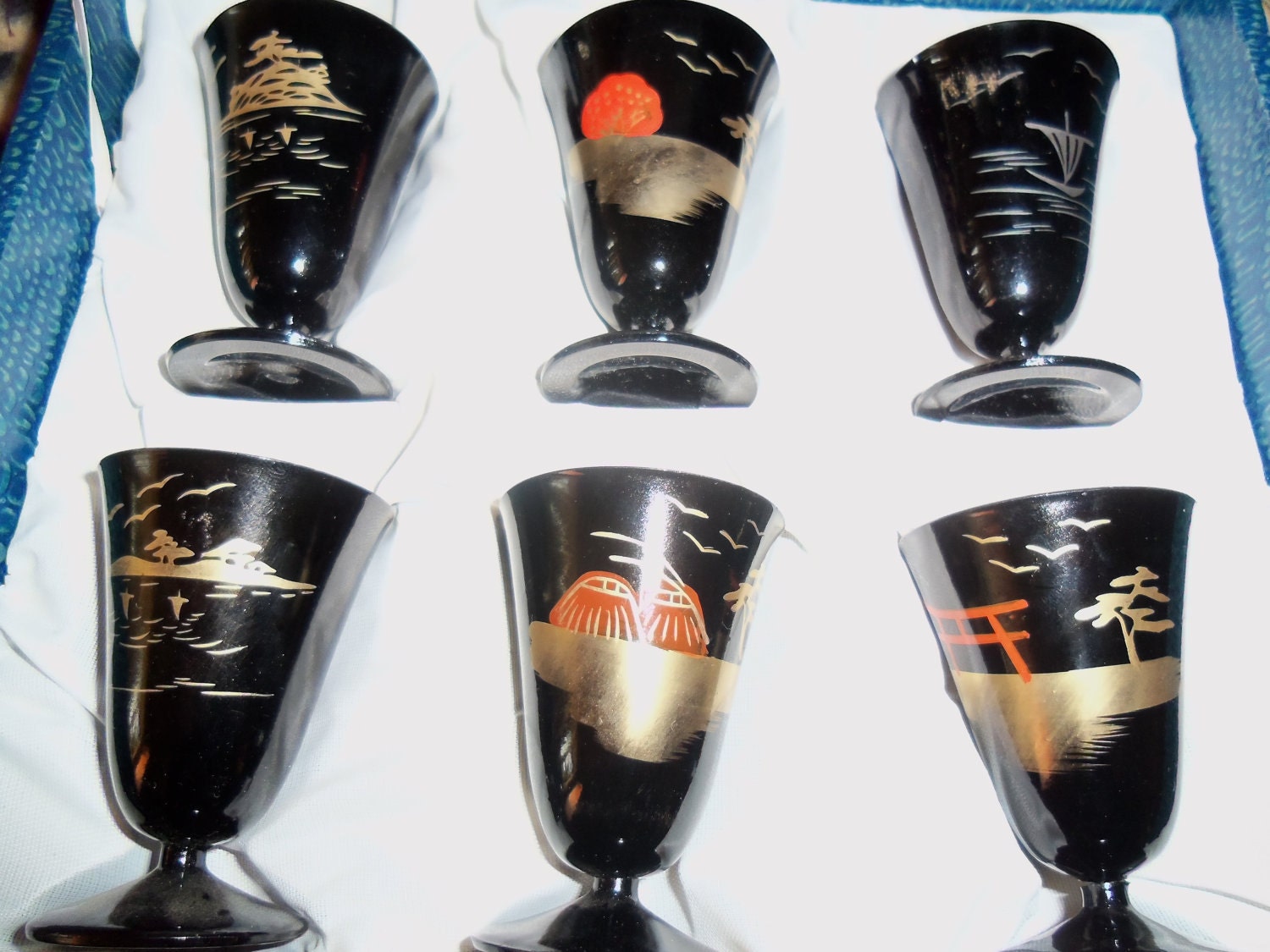 Vintage Collectible Set of Six Black Lacquered Shot Glasses