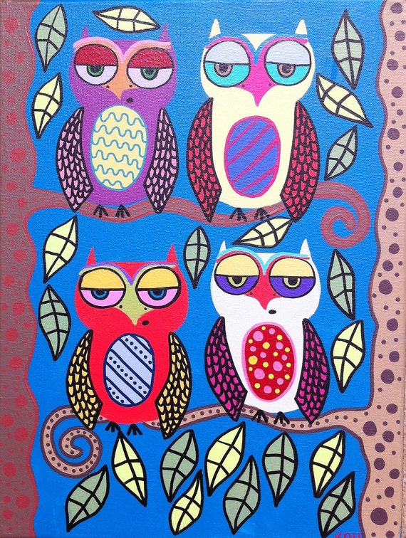 Kerri Ambrosino Mexican Folk Art PRINT Day Time Owls Happy