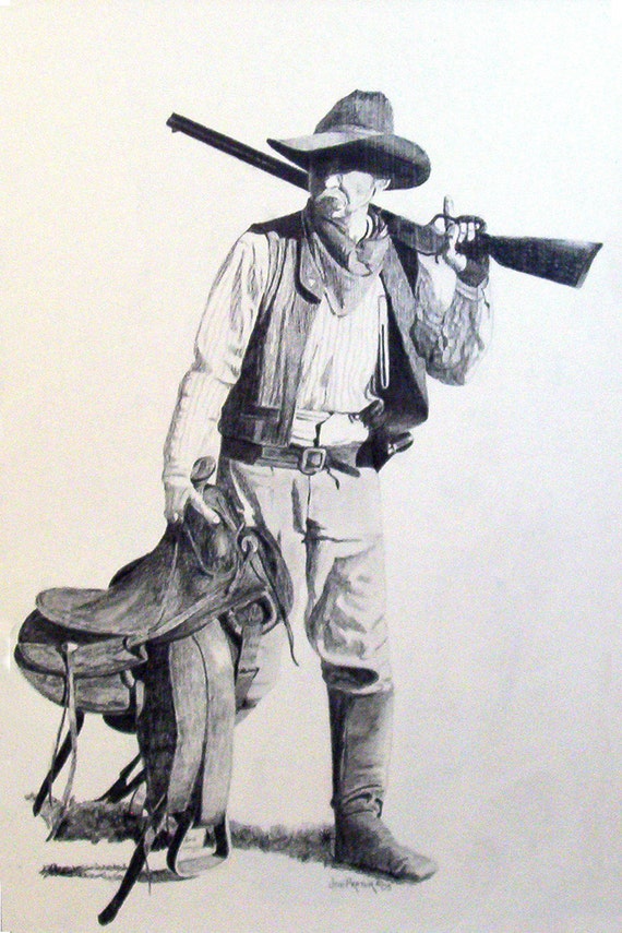 Items similar to Cowboy with his western saddle , Rifle Pencil Drawing