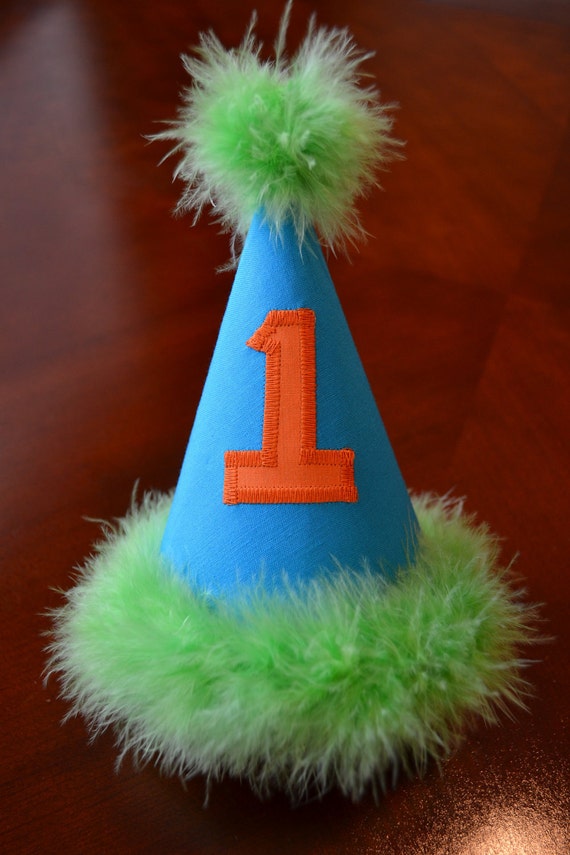 1st Birthday Party Hat in Turquoise Lime Green and Orange