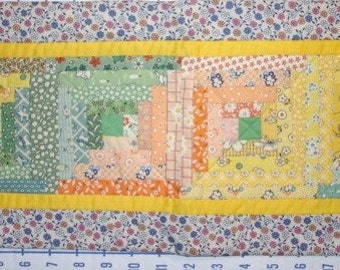 Log Cabin Aunt Grace 30s reproduction fabrics scrappy quilted table runner-9 by 24 inches-green yellow peach FREE SHIPPING