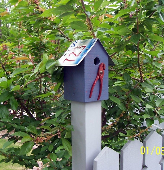 Items similar to Fence Post Topper Rustic Birdhouse with Funky Red ...