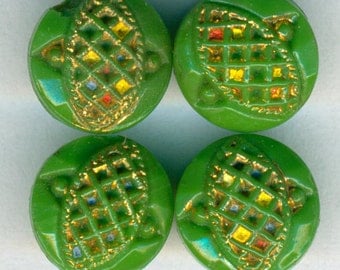 Pretty Set of 4 Vintage Dimi Green Glass Buttons ~ Quilted Design with Gold Luster Accent ~ 3/8 inch 9mm ~ Diminutive Glass Sewing Buttons