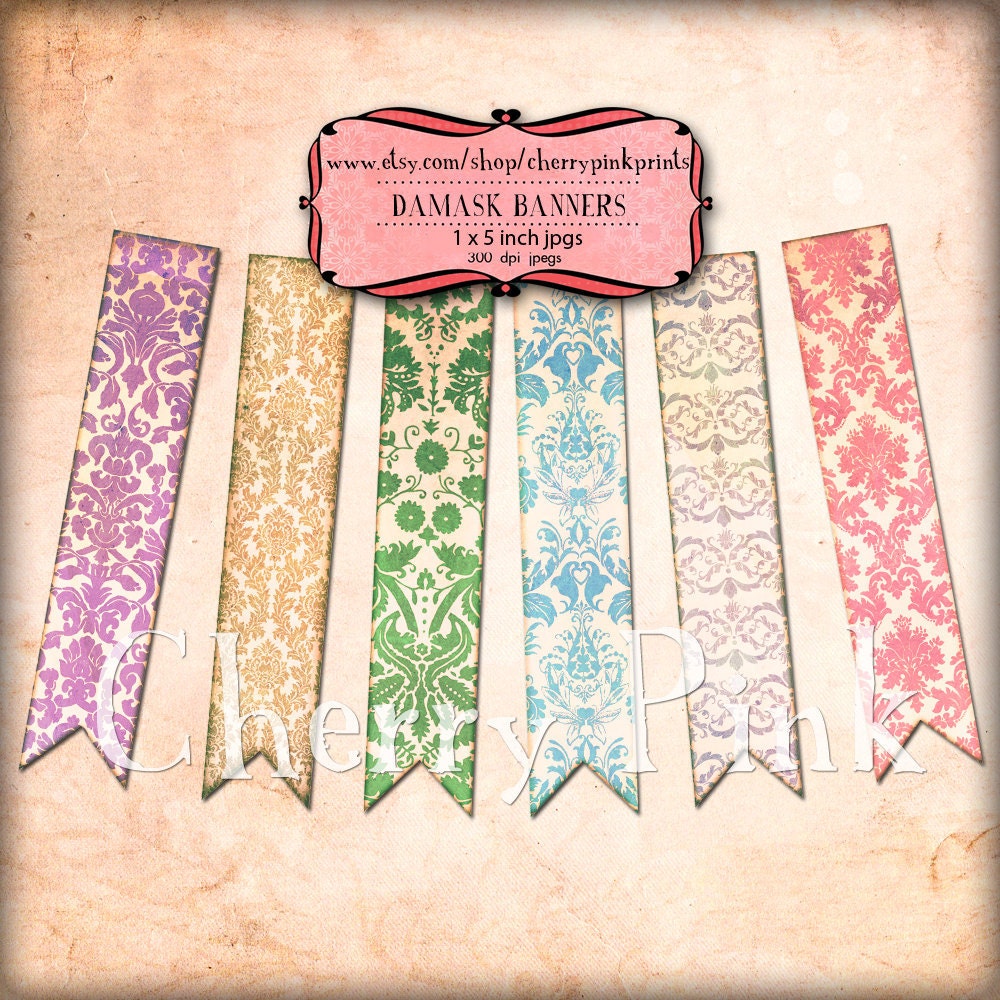 6 Scrapbook Banners DAMASK PATTERN Scrapbook by CherryPinkPrints