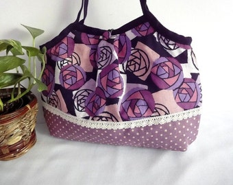 Japanese Kimono Pattern Granny bag purse purple roses dots