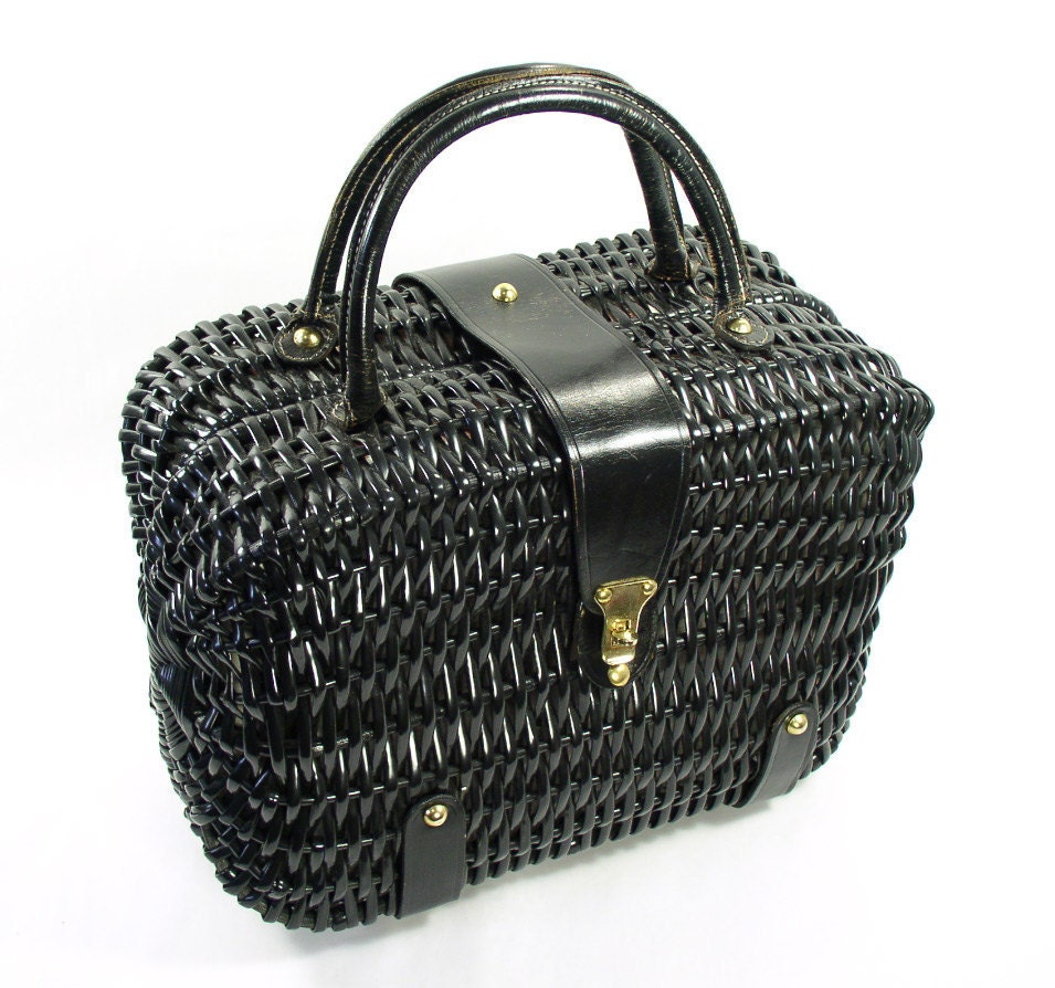 Vintage Black Wicker Large Carryall Handbag