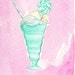 Mint Milkshake with Turquoise Swirl & Lollipop Watercolor Painting ACEO Pink Background 3 x 5