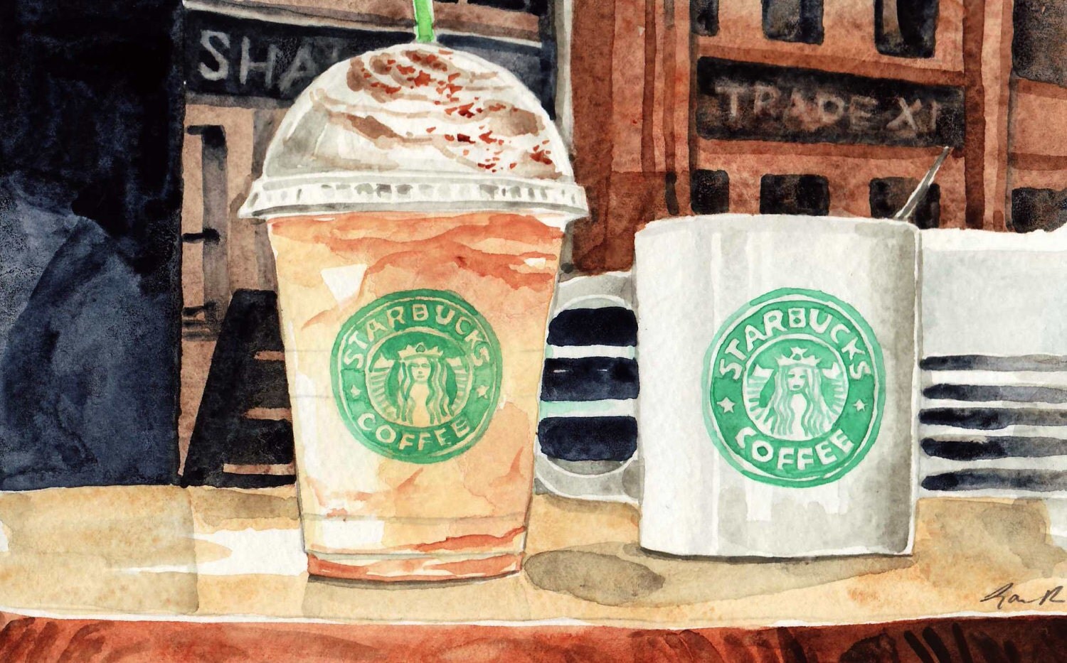 Starbucks Coffees Digital Print of Watercolor Painting 5 x 7