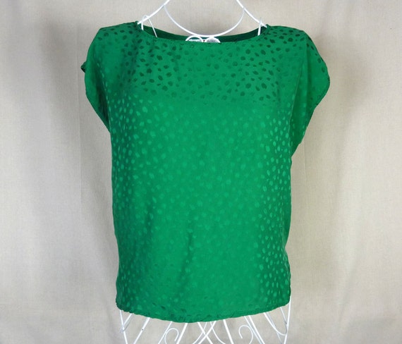 Vintage 80s Emerald Green Silk Blouse Size XL