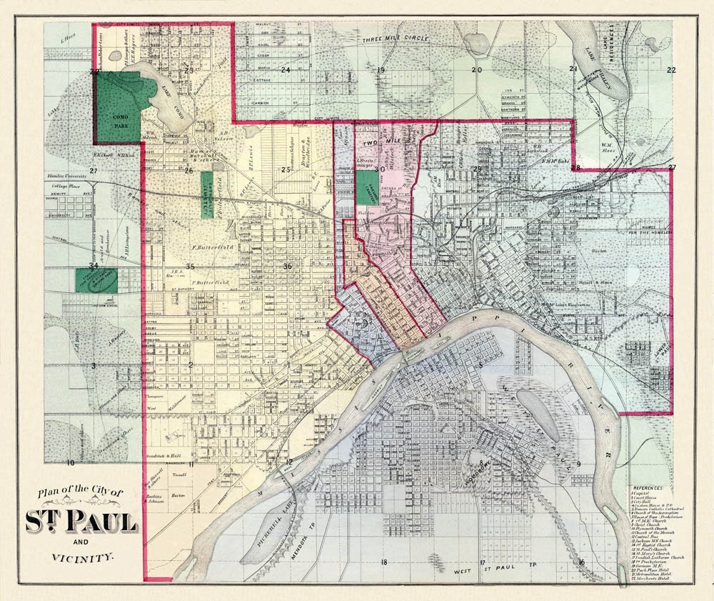 Old map of St. Paul Minnesota Saint Paul map fine print